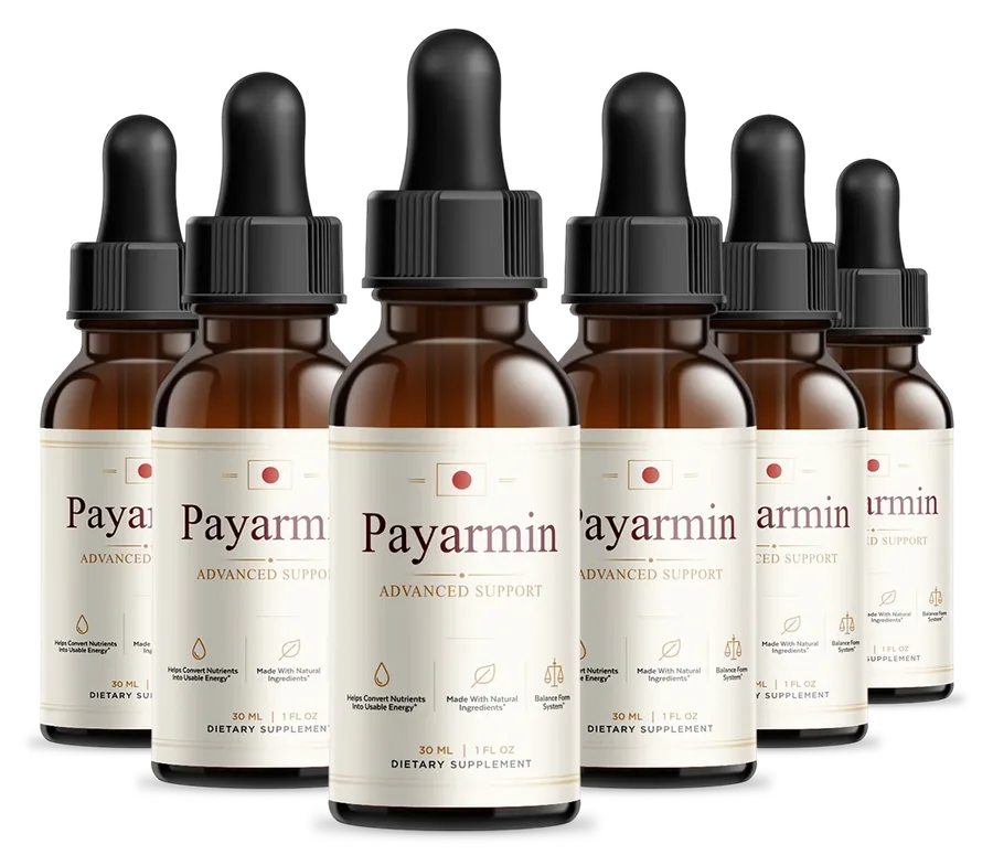 6 amber Payarmin dropper bottles with cream labels